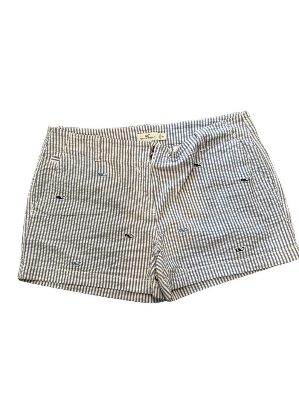 Vineyard Vines Blue and White Striped Seersucker Shorts with Whale Embroidery